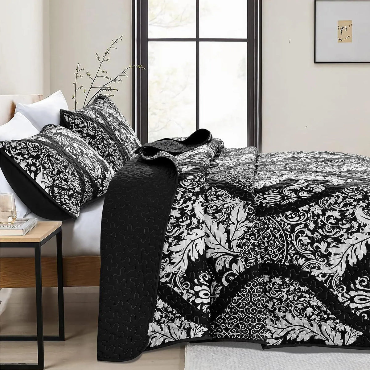 Black Damask Boho Serenity Bedspread Coverlet 3 Piece Set - Image 3