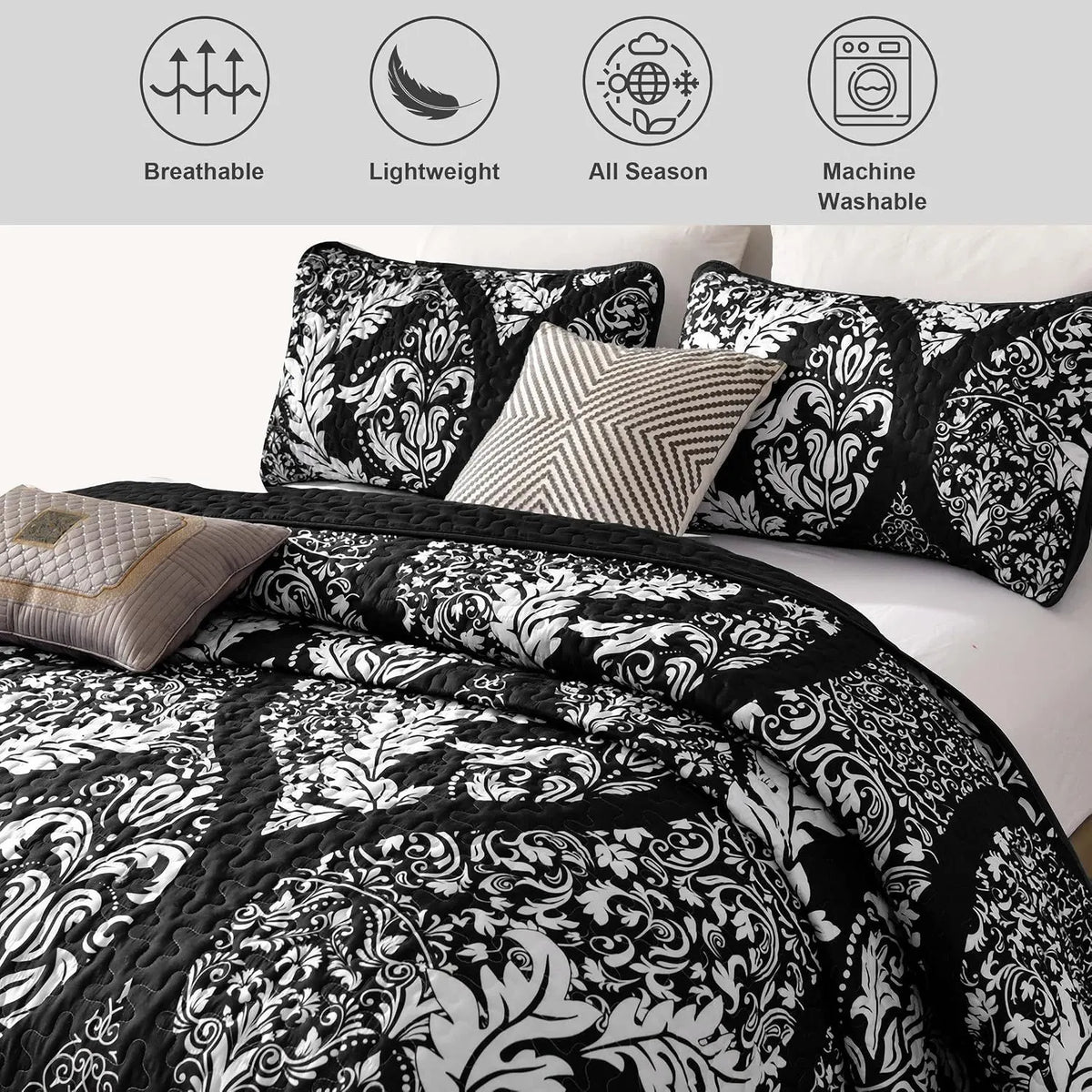 Black Damask Boho Serenity Bedspread Coverlet 3 Piece Set - Image 4