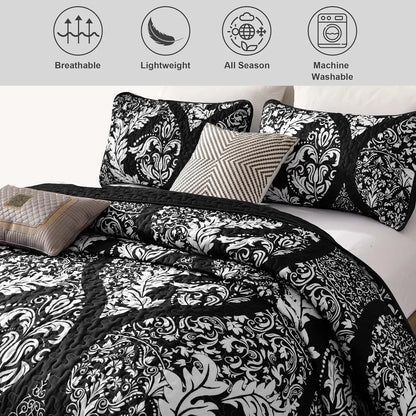 Black Damask Boho Serenity Bedspread Coverlet 3 Piece Set - Image 4