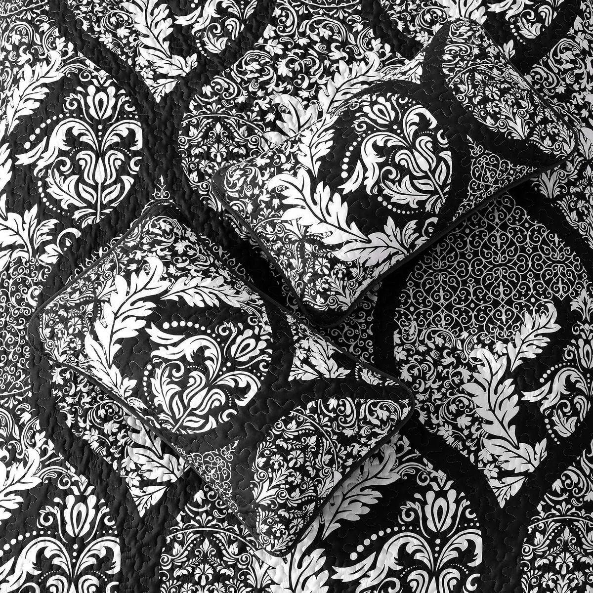 Black Damask Boho Serenity Bedspread Coverlet 3 Piece Set - Image 6