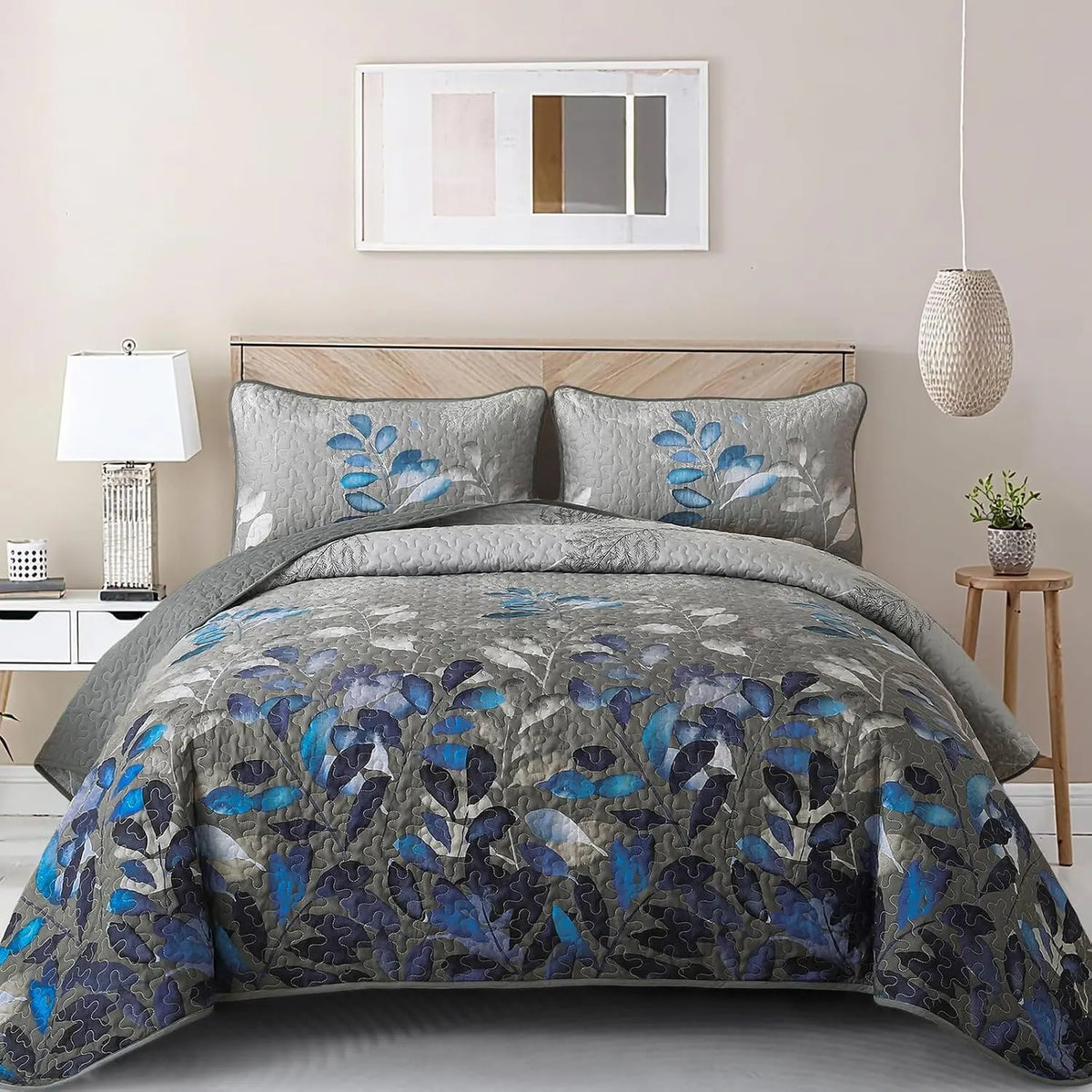 Grey Blue Floral Garden Bedspread Coverlet 3 Piece Set