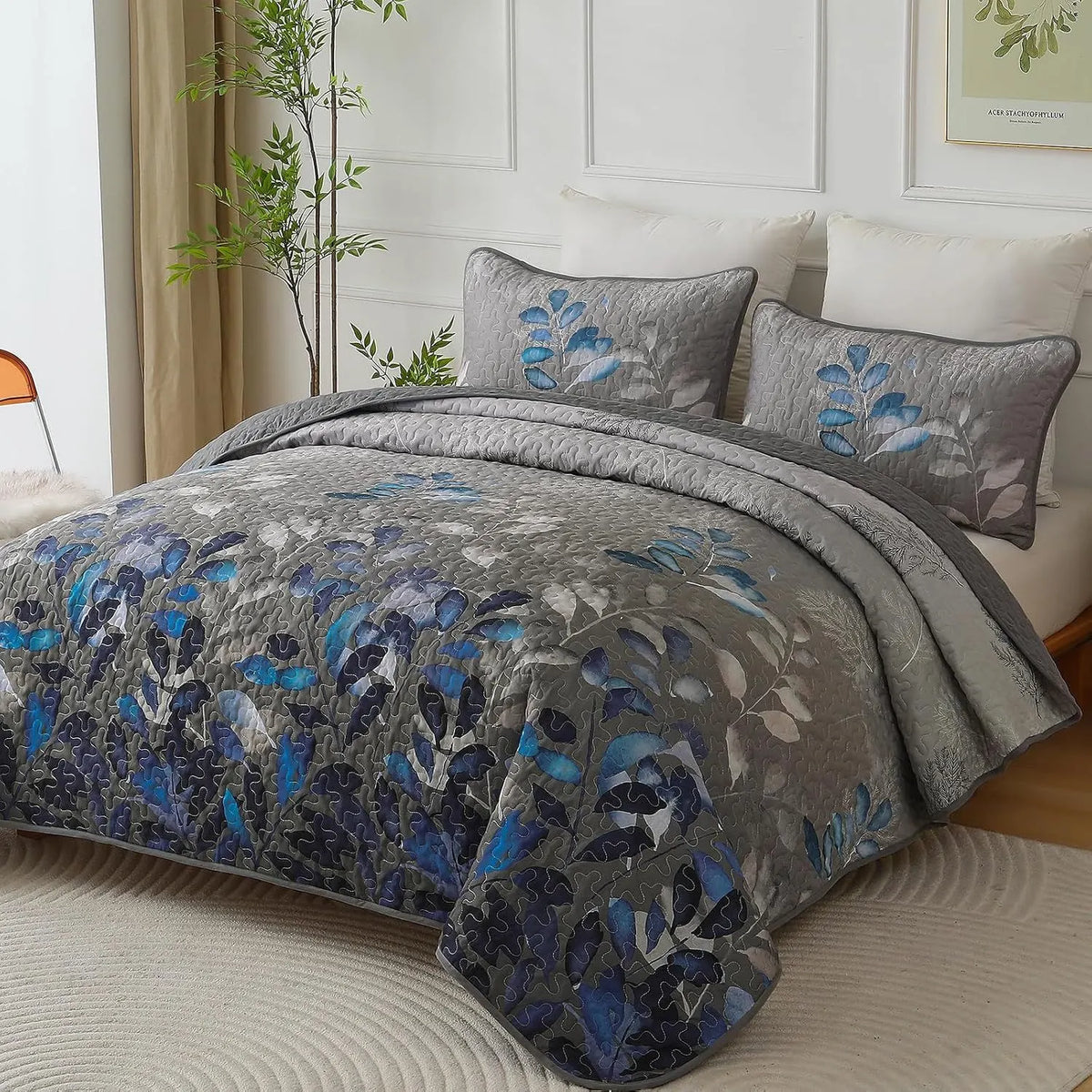 Grey Blue Floral Garden Bedspread Coverlet 3 Piece Set - Image 2