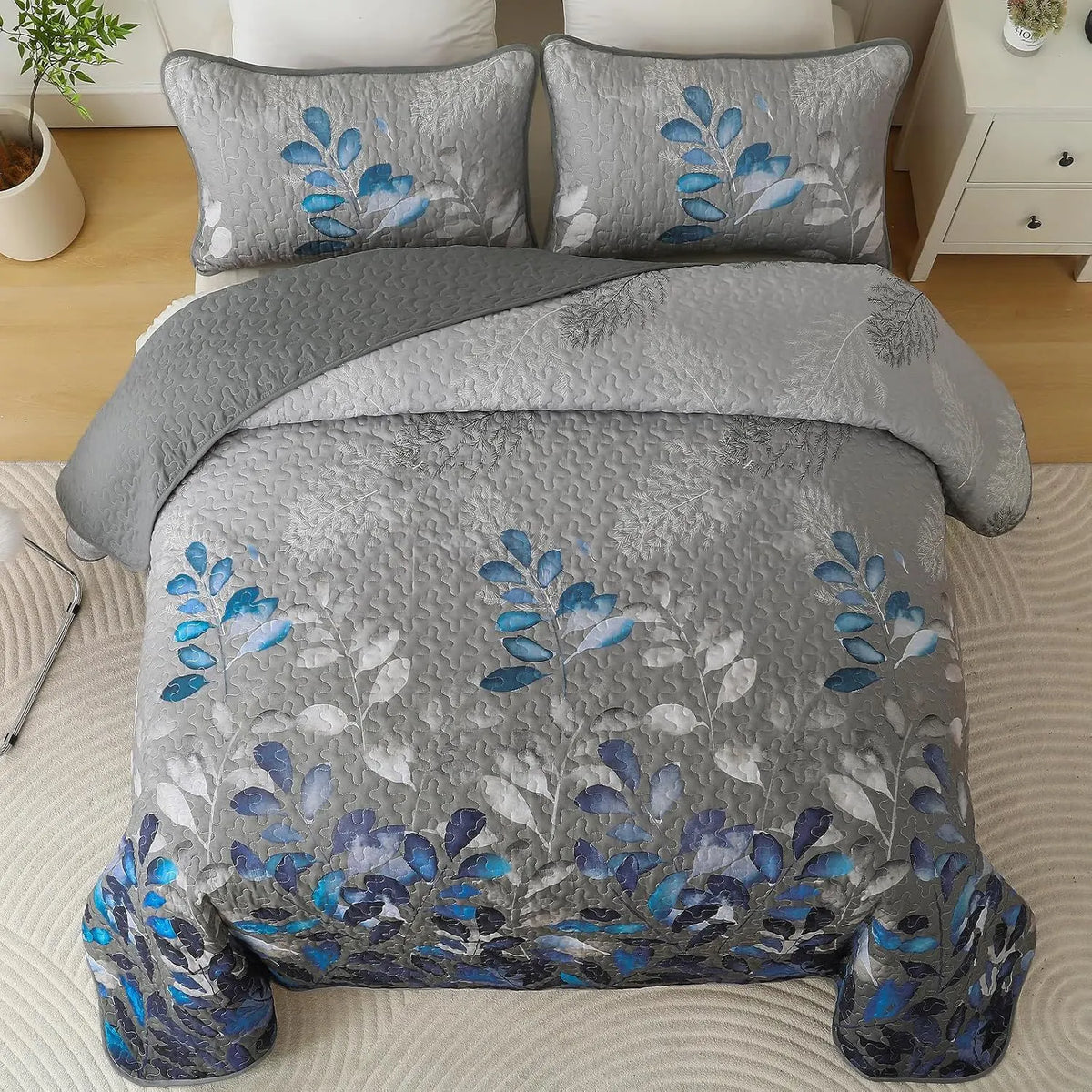 Grey Blue Floral Garden Bedspread Coverlet 3 Piece Set - Image 3