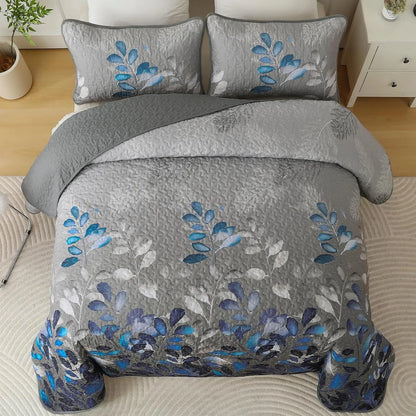 Grey Blue Floral Garden Bedspread Coverlet 3 Piece Set - Image 3
