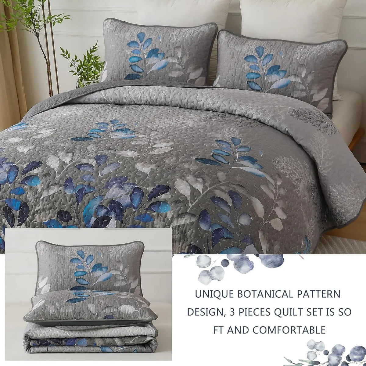 Grey Blue Floral Garden Bedspread Coverlet 3 Piece Set - Image 4
