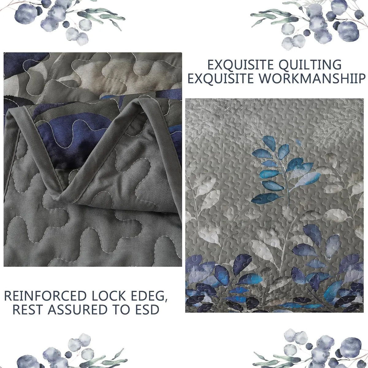 Grey Blue Floral Garden Bedspread Coverlet 3 Piece Set - Image 6