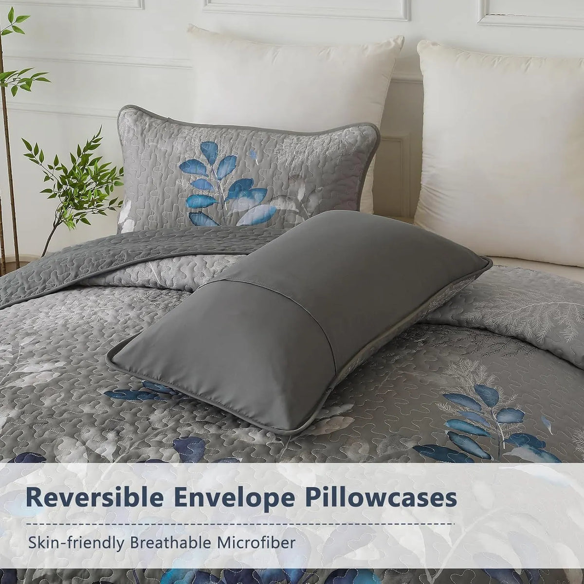 Grey Blue Floral Garden Bedspread Coverlet 3 Piece Set - Image 7