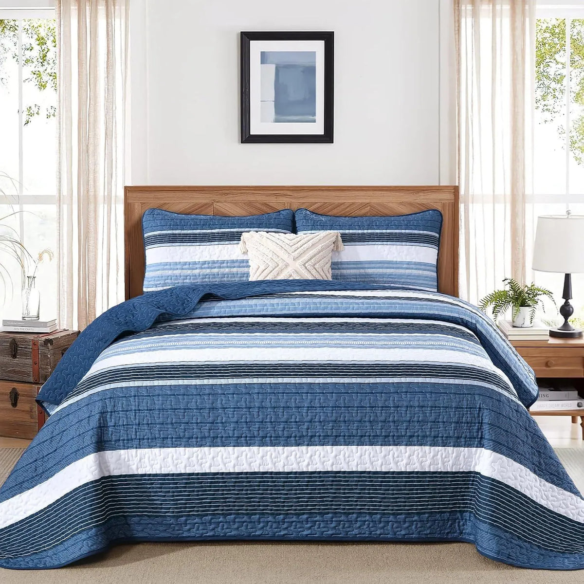 Blue Stripe Patchwork Mosaic Bedspread Coverlet 3 Piece Set