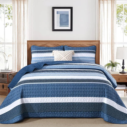 Blue Stripe Patchwork Mosaic Bedspread Coverlet 3 Piece Set