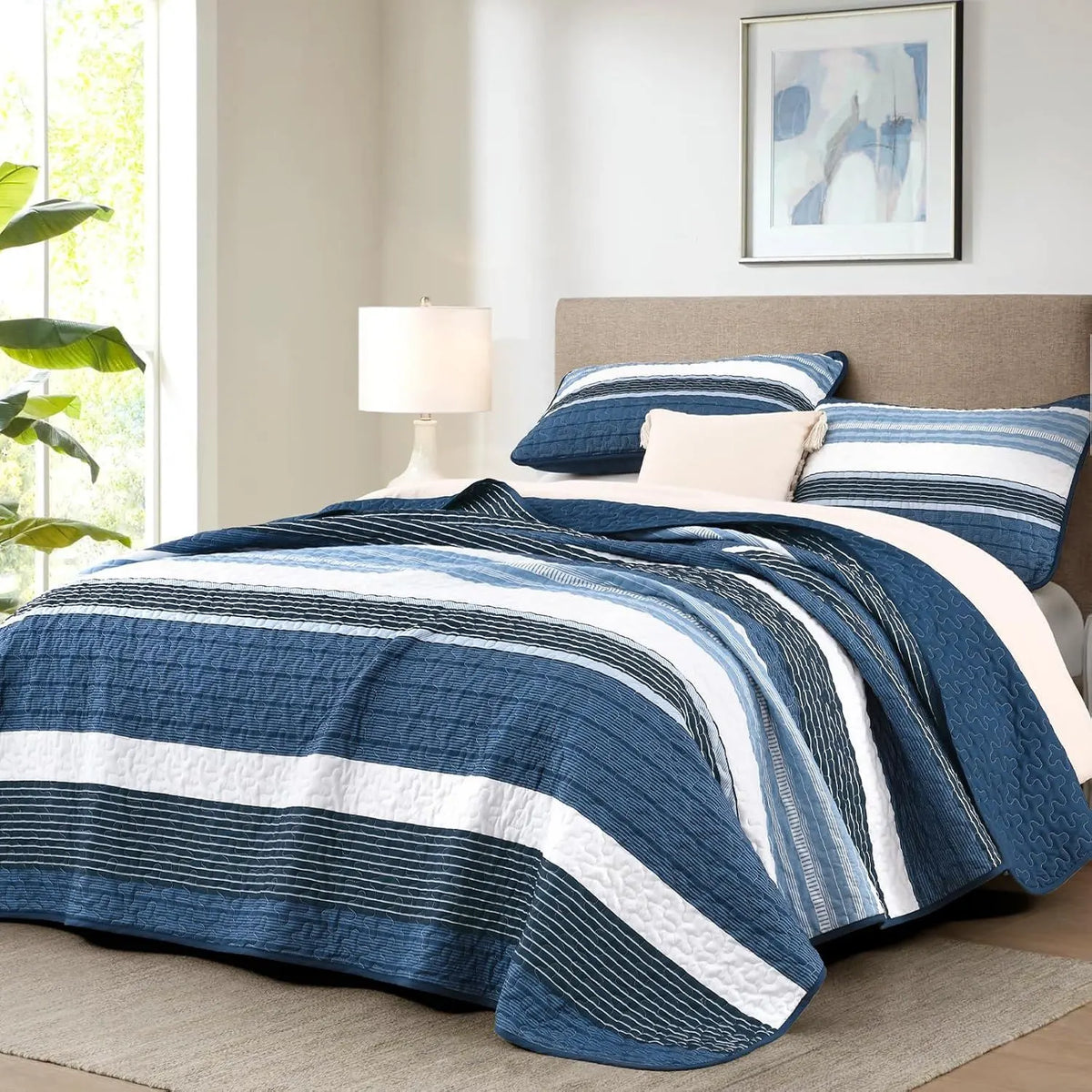 Blue Stripe Patchwork Mosaic Bedspread Coverlet 3 Piece Set - Image 2