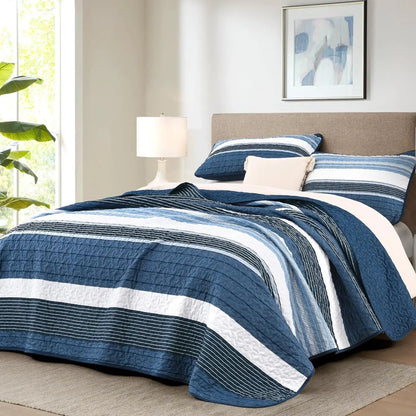 Blue Stripe Patchwork Mosaic Bedspread Coverlet 3 Piece Set - Image 2