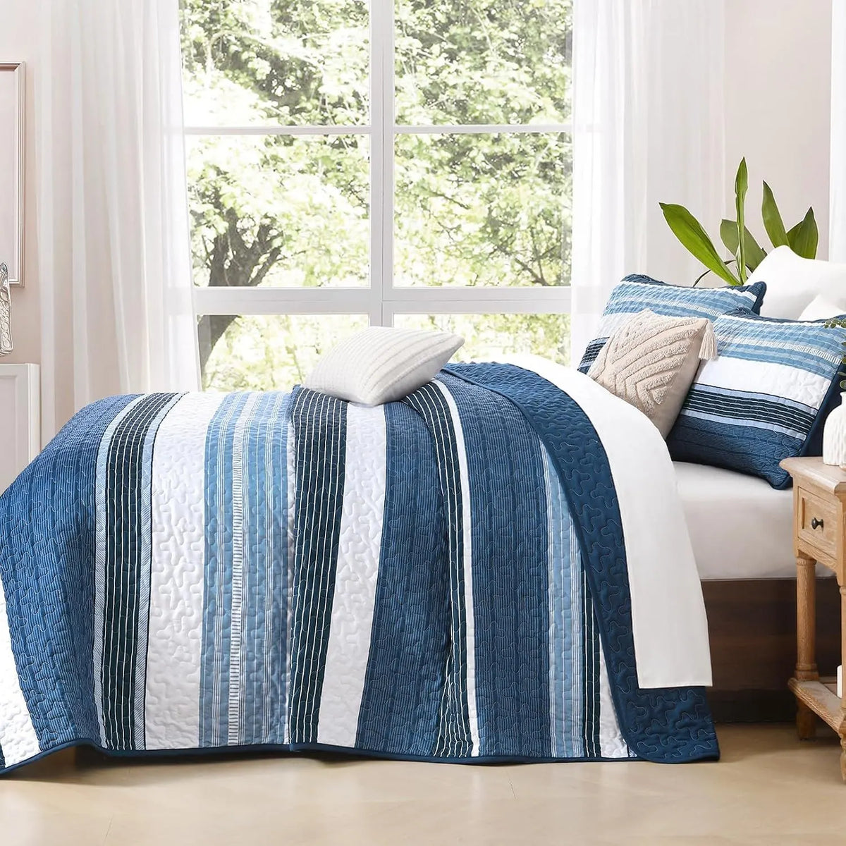 Blue Stripe Patchwork Mosaic Bedspread Coverlet 3 Piece Set - Image 3