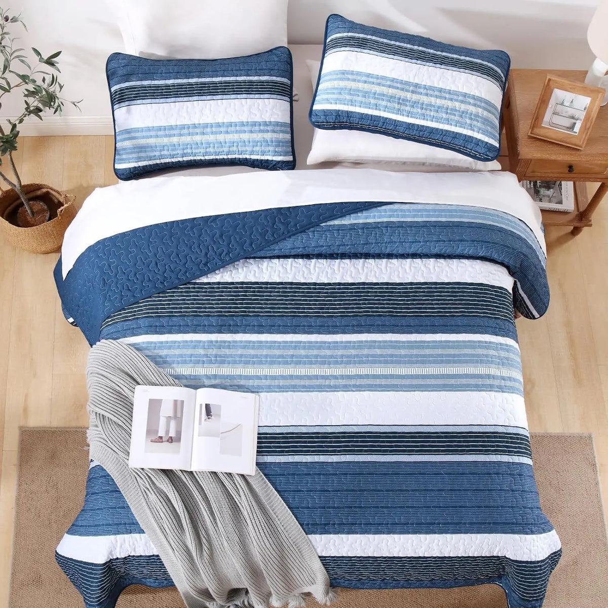 Blue Stripe Patchwork Mosaic Bedspread Coverlet 3 Piece Set - Image 4