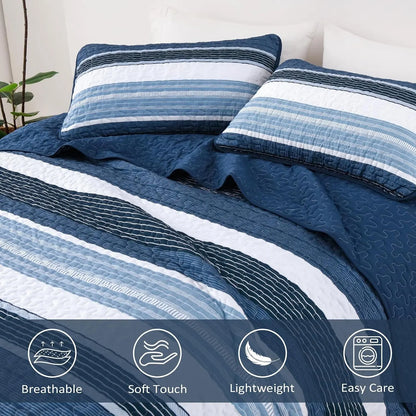 Blue Stripe Patchwork Mosaic Bedspread Coverlet 3 Piece Set - Image 5