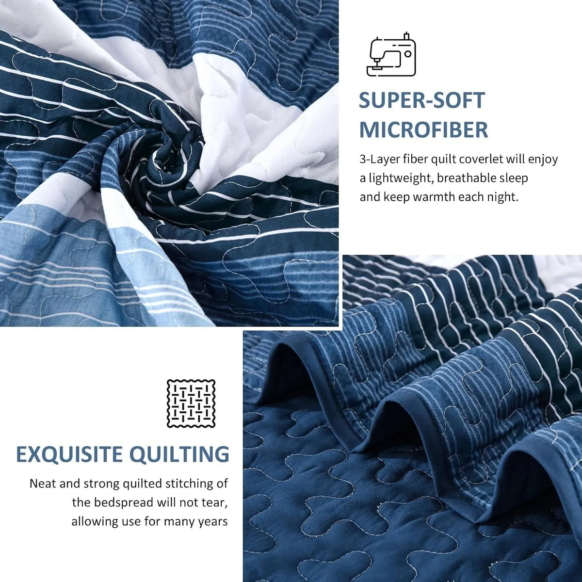 Blue Stripe Patchwork Mosaic Bedspread Coverlet 3 Piece Set - Image 6