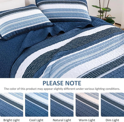 Blue Stripe Patchwork Mosaic Bedspread Coverlet 3 Piece Set - Image 7