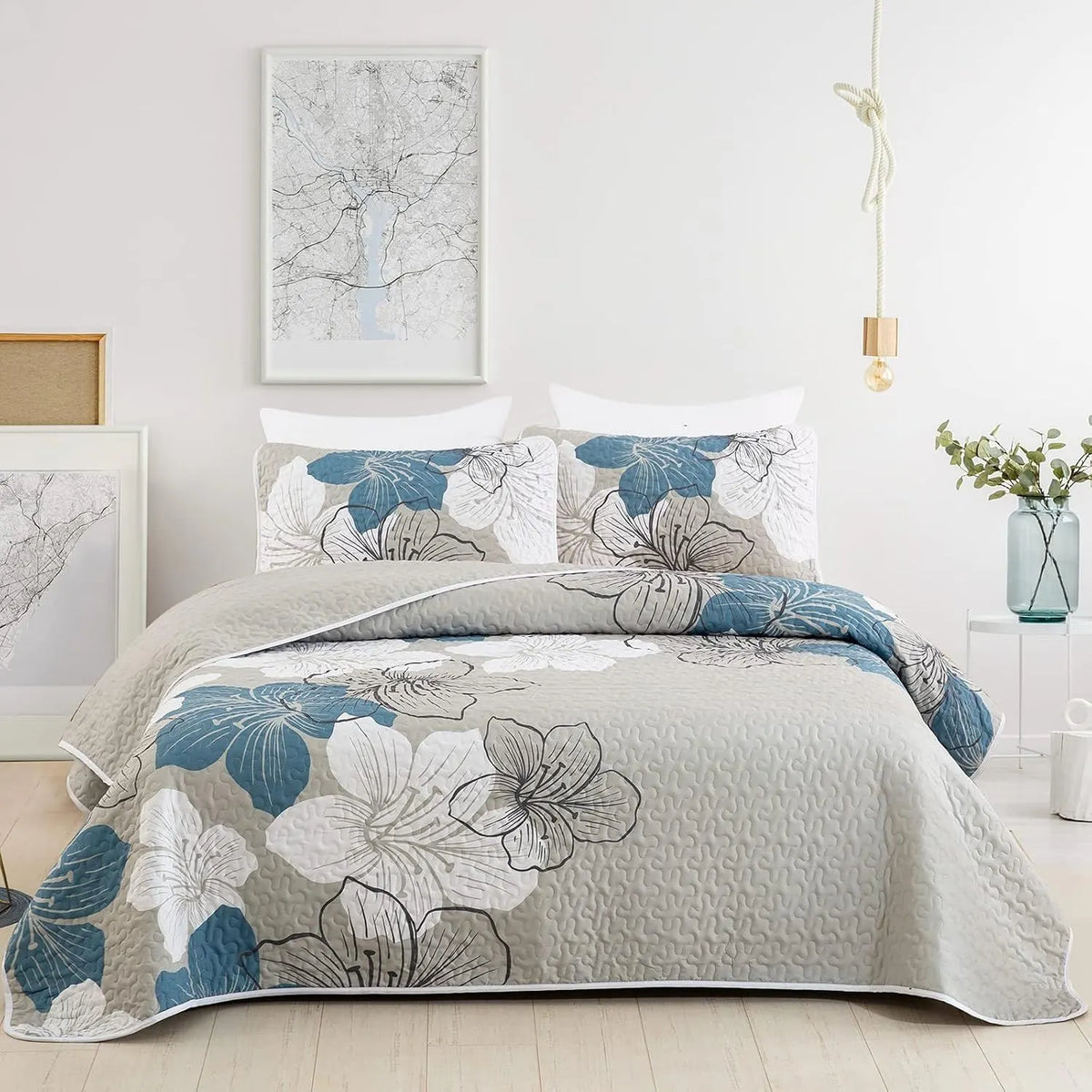 Blue Floral Boho Dream Bedspread Coverlet 3 Piece Set