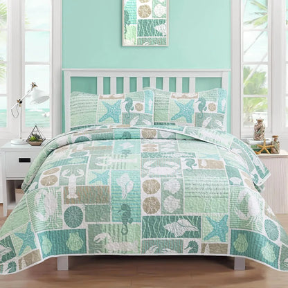 Green Coastal Haven Bedspread Coverlet 3 Piece Set