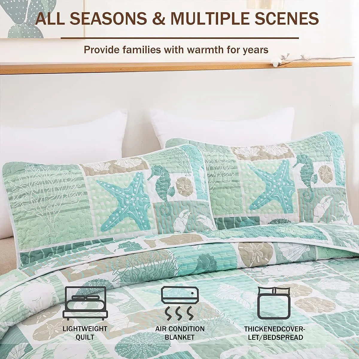 Green Coastal Haven Bedspread Coverlet 3 Piece Set - Image 3
