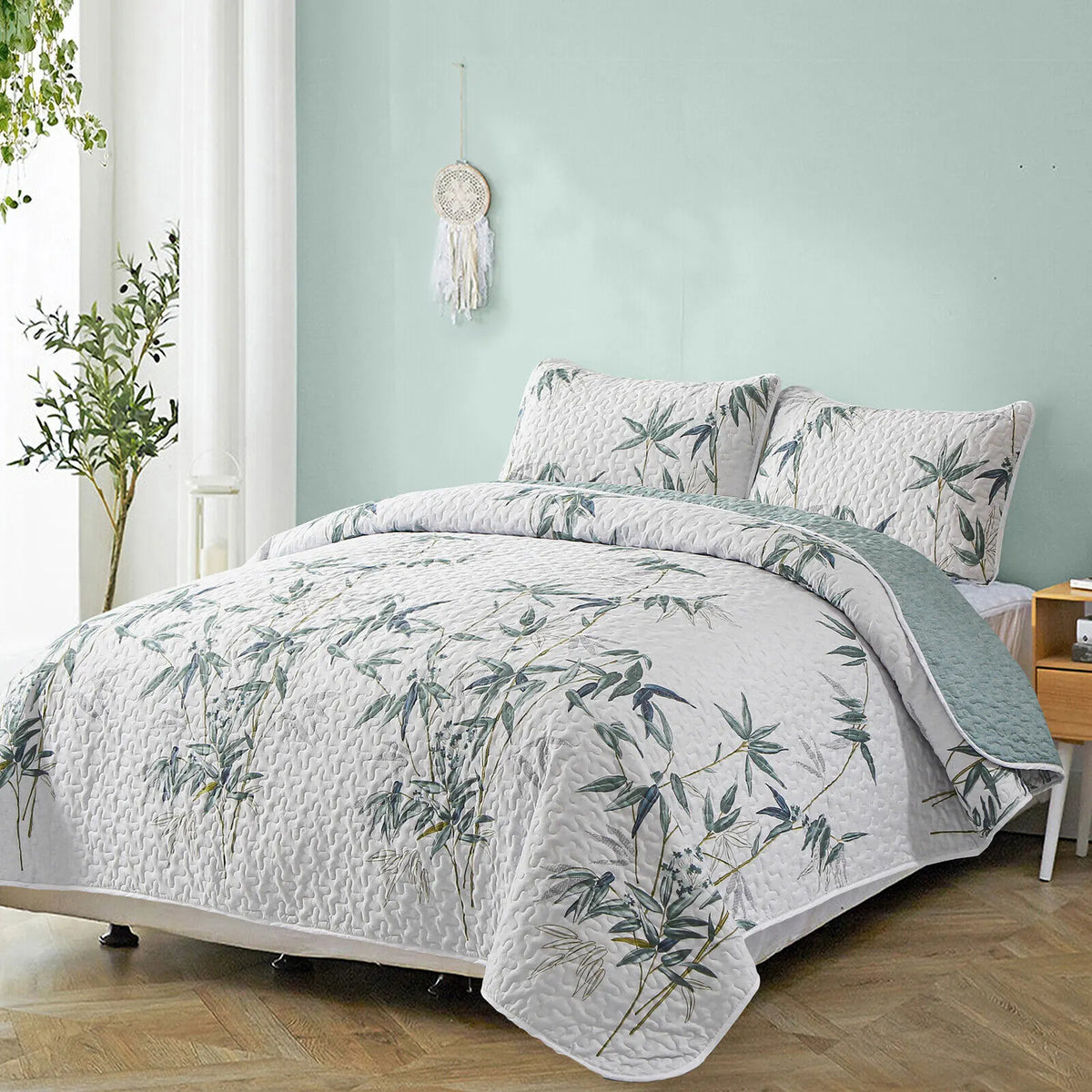 Soft leafey bloom Quilted 3 Pc Bedspread & Pillow Cover Set - Image 3