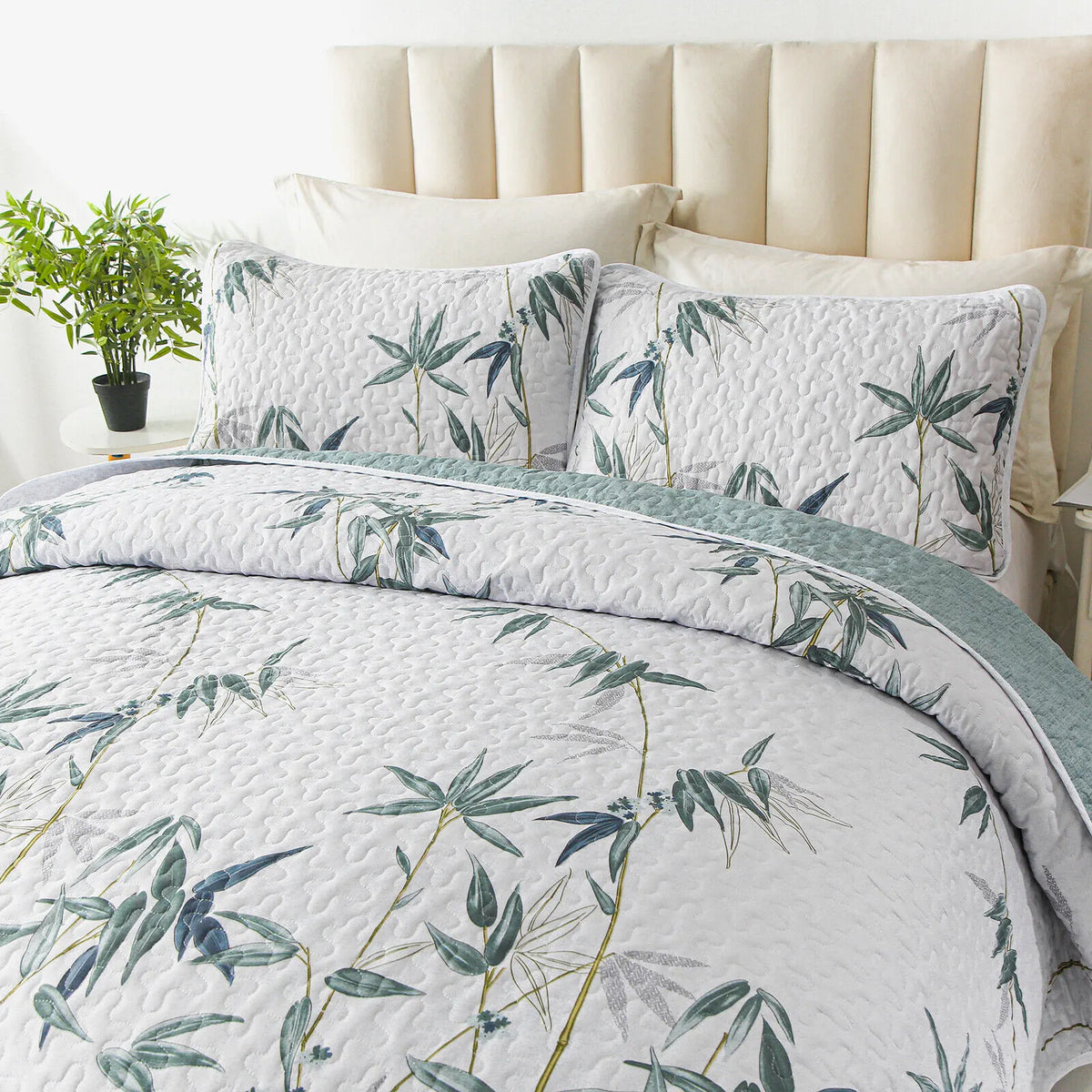 Soft leafey bloom Quilted 3 Pc Bedspread & Pillow Cover Set - Image 5