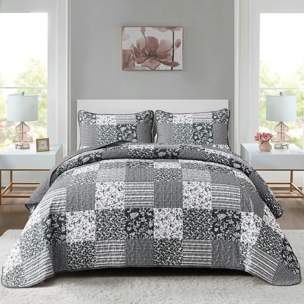 Lush Blush patch Floral 3 Pc Bedspread & Pillow Cover Set