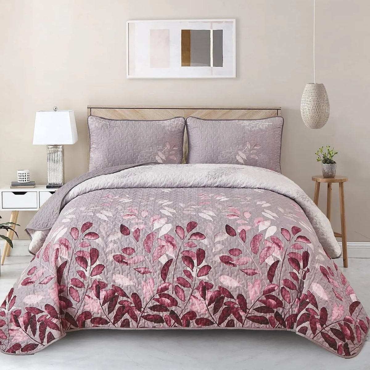 Pink Floral Grove Bedspread Coverlet 3 Piece Set