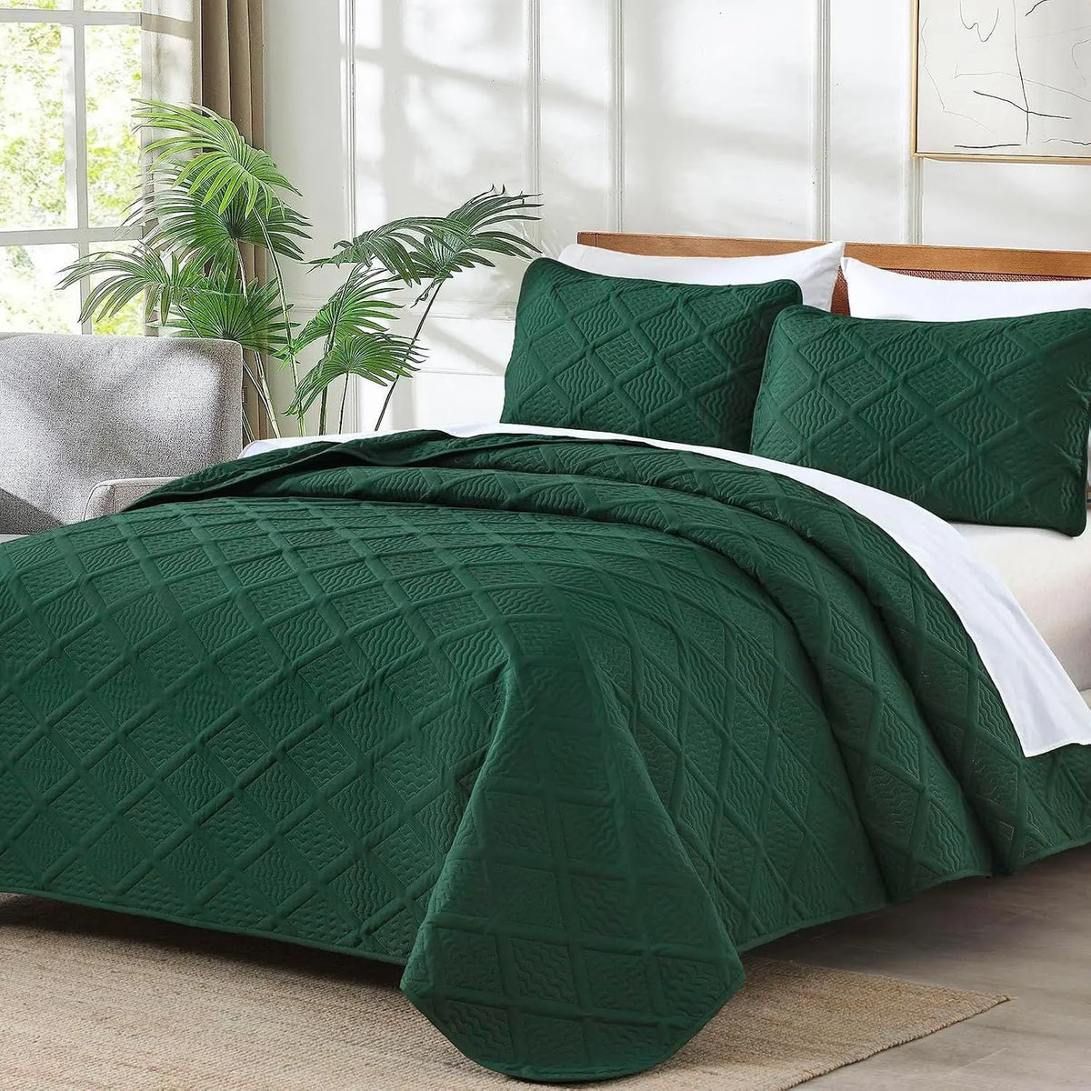 Green Wave Bloom Bedspread Coverlet 3 Piece Set - Image 2