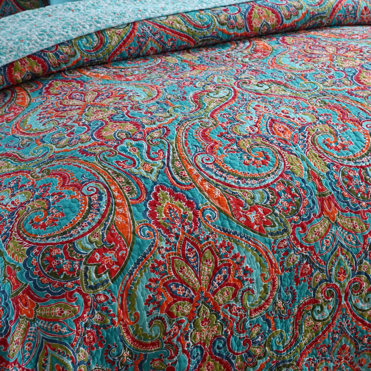 Blue Teal Boho Print Bedspread Quilt Set + Pillowcases - Image 2