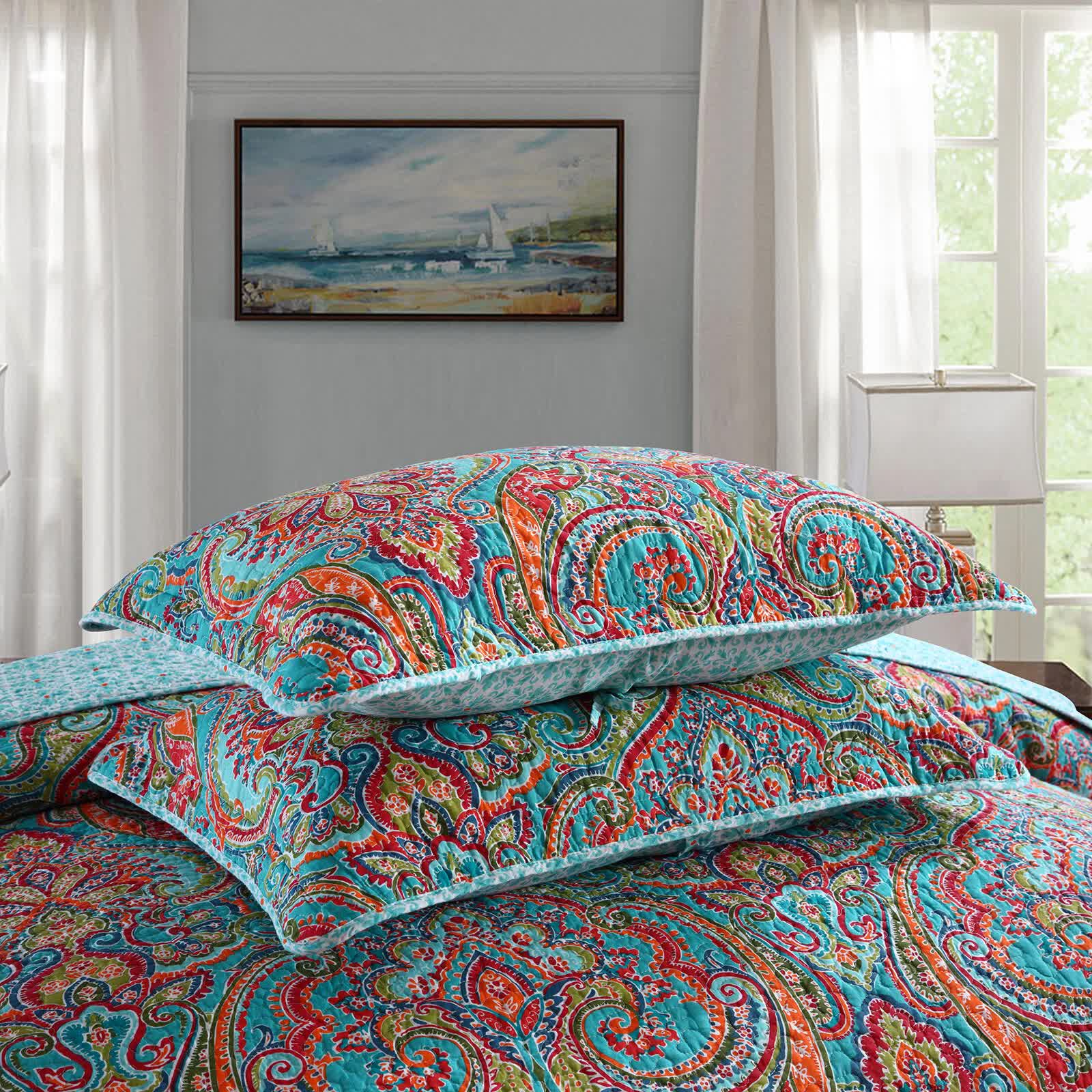 Blue Teal Boho Print Bedspread Quilt Set + Pillowcases - Image 6