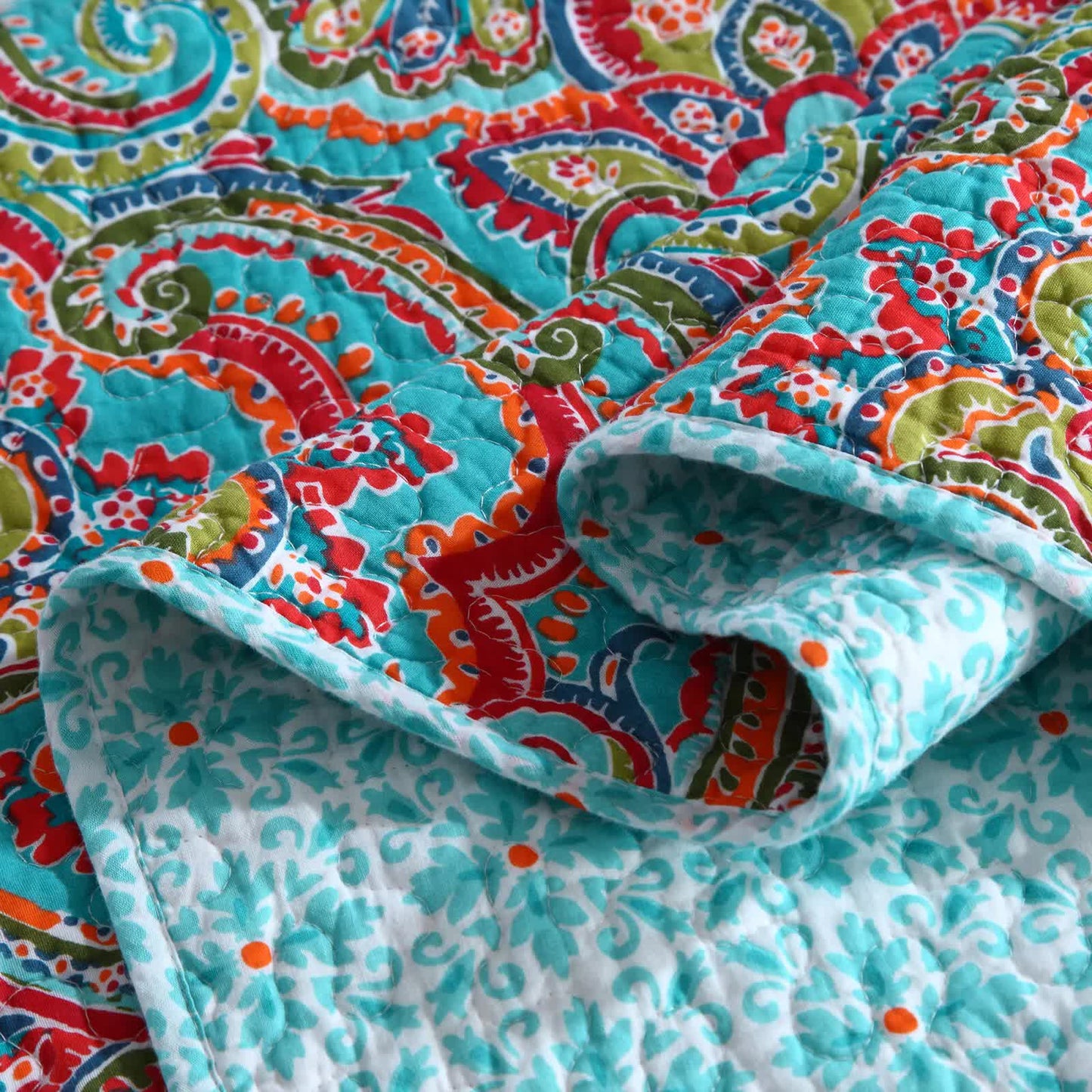 Blue Teal Boho Print Bedspread Quilt Set + Pillowcases - Image 8