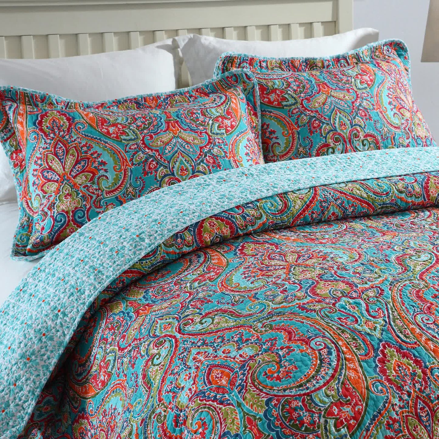 Blue Teal Boho Print Bedspread Quilt Set + Pillowcases - Image 4