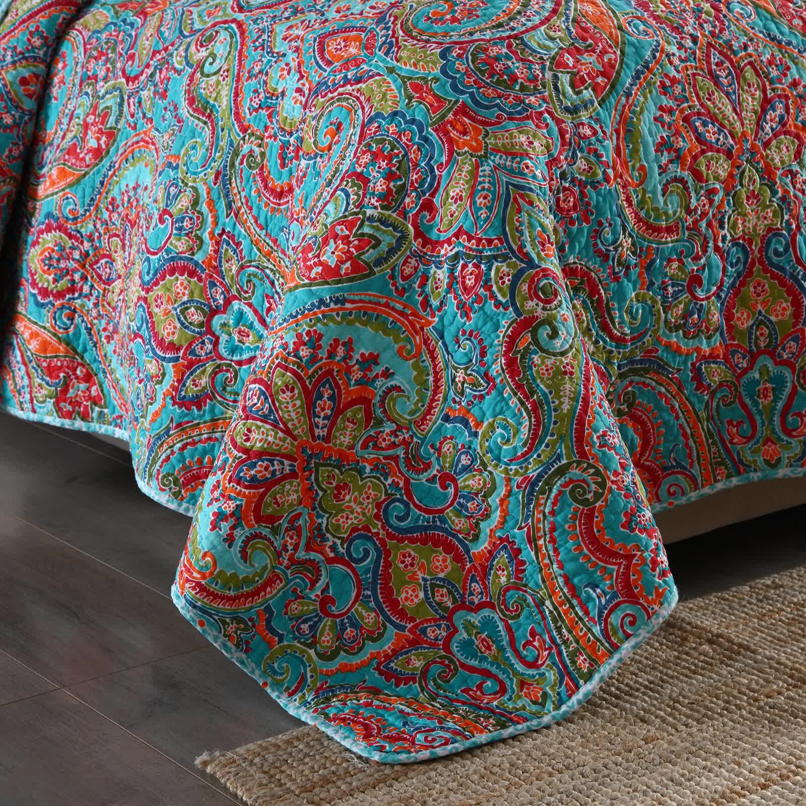 Blue Teal Boho Print Bedspread Quilt Set + Pillowcases - Image 5