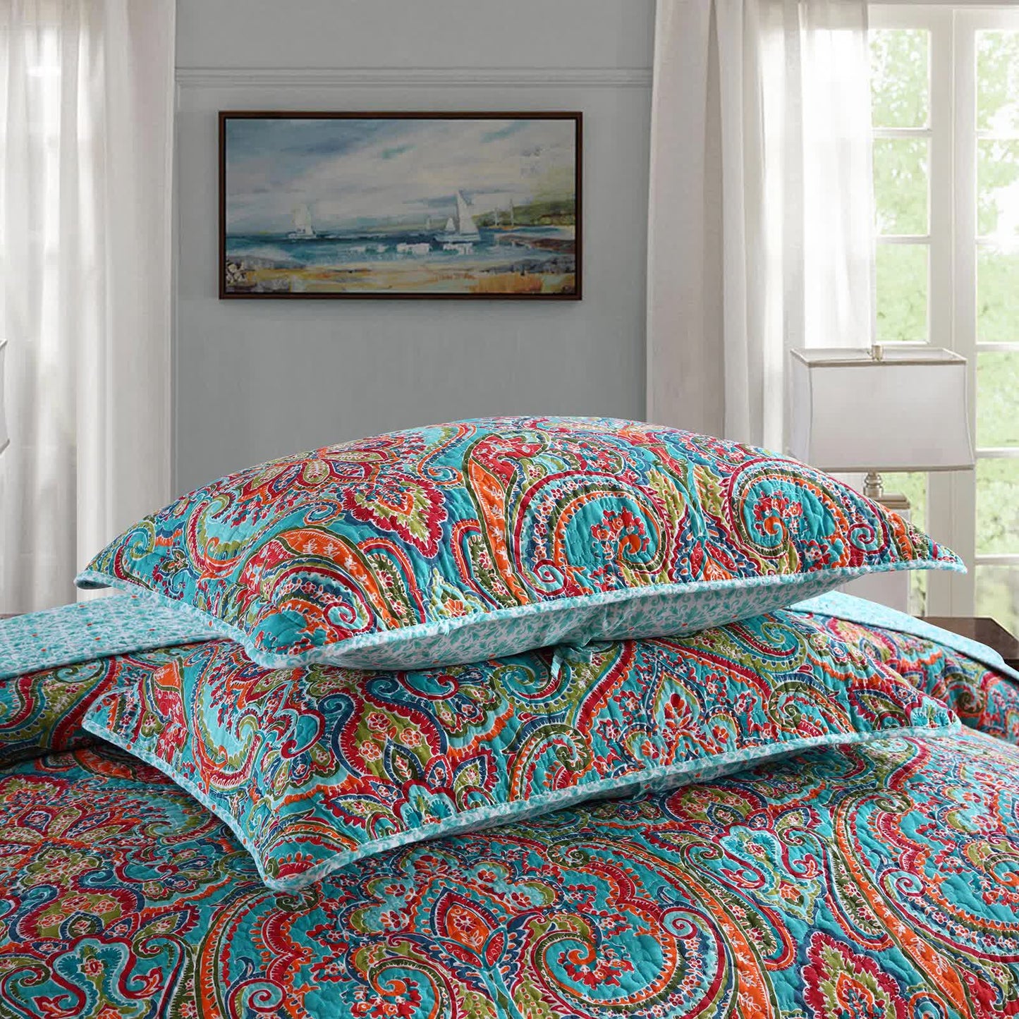 Blue Teal Boho Print Bedspread Quilt Set + Pillowcases - Image 6
