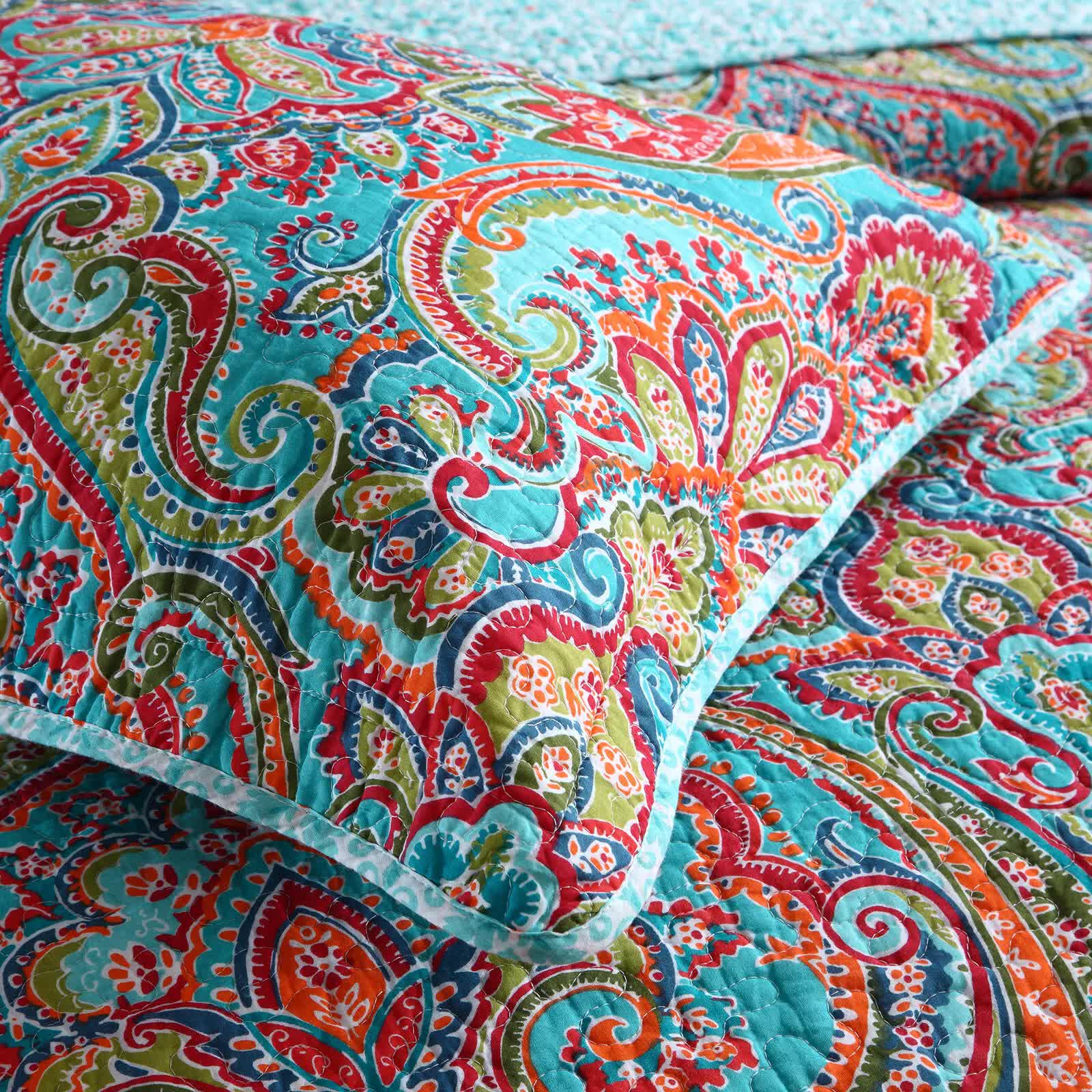 Blue Teal Boho Print Bedspread Quilt Set + Pillowcases - Image 7