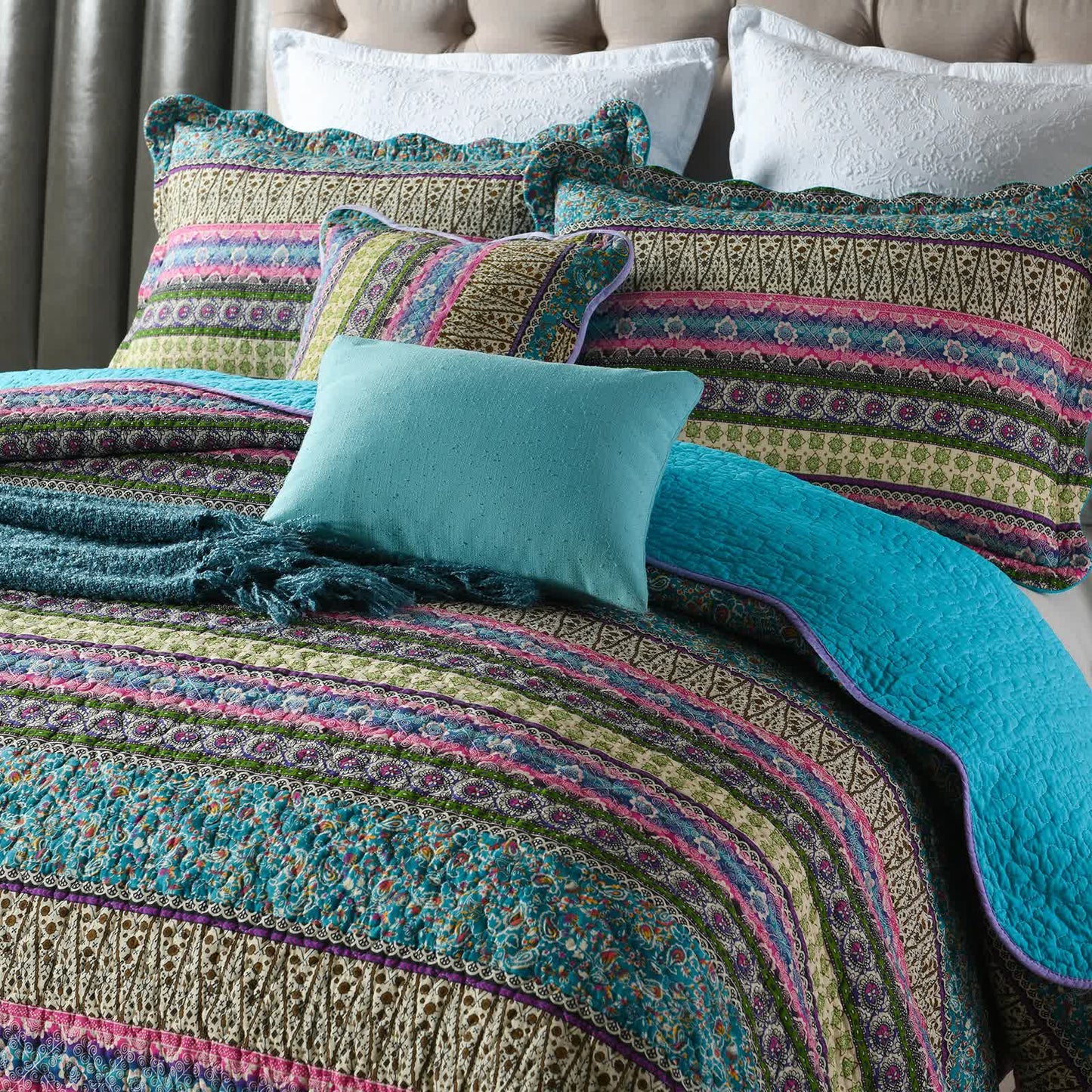 Grenn Teal Boho style Printed Bedspread Quilt Set + Pillowcases - Image 2