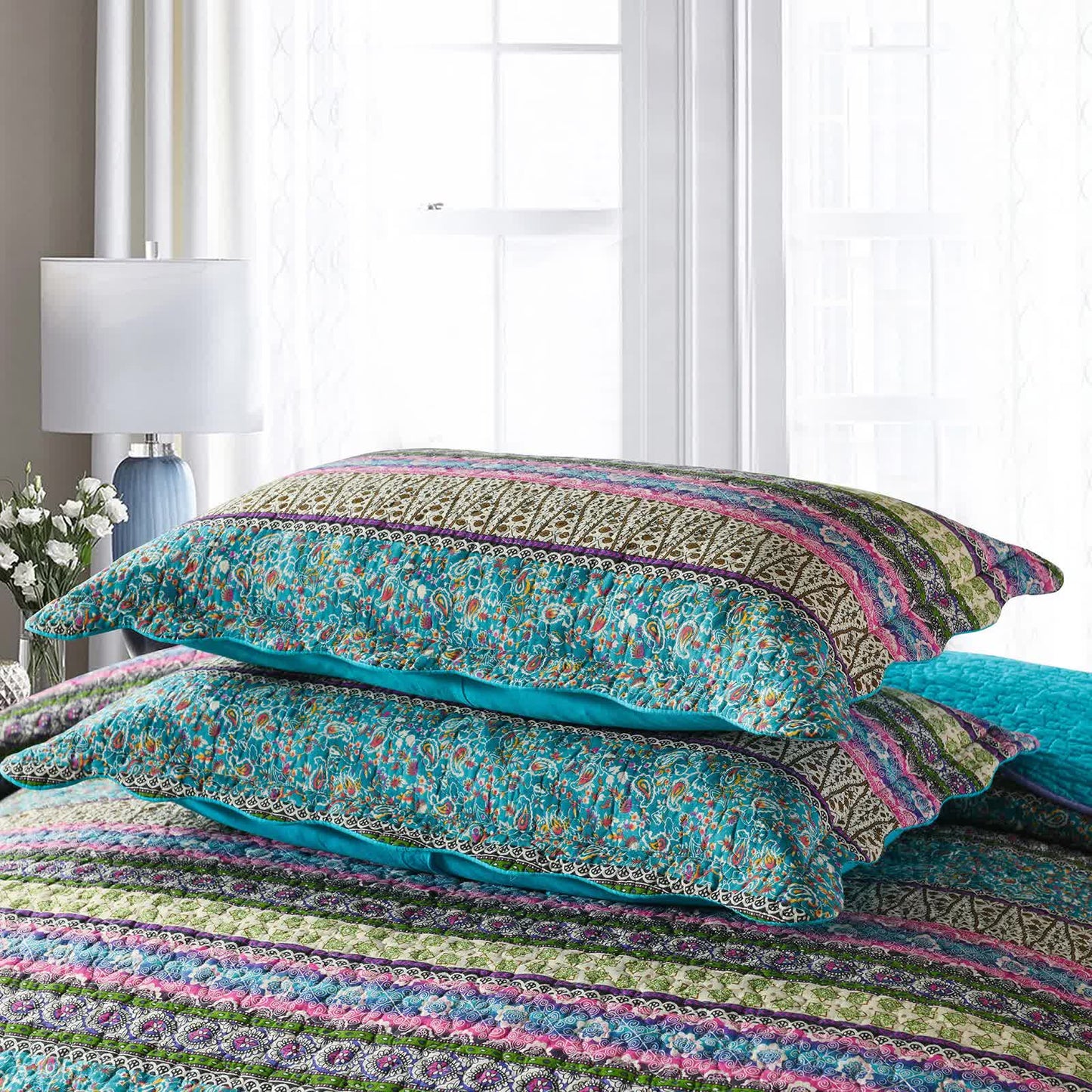 Grenn Teal Boho style Printed Bedspread Quilt Set + Pillowcases - Image 6
