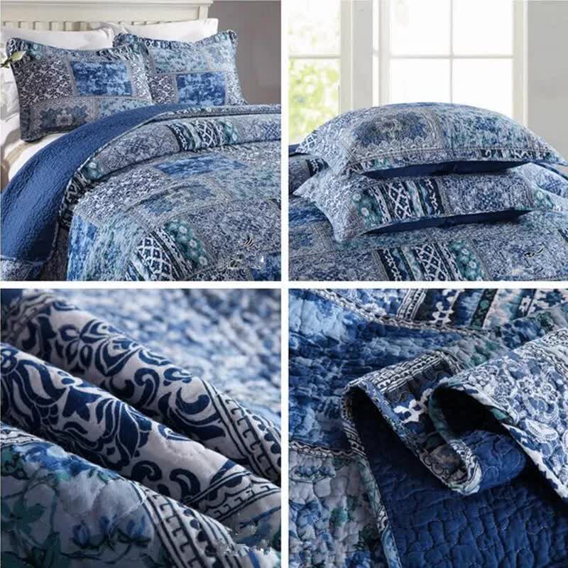 Boho Blue Quilted Coverlet & Pillow Set: Vibrant, Cozy Elegance - king - Image 3