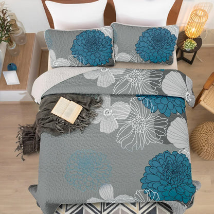 Grey Azure Bloom Quilted Coverlet Bedspread Set with Pillow Covers - Image 2
