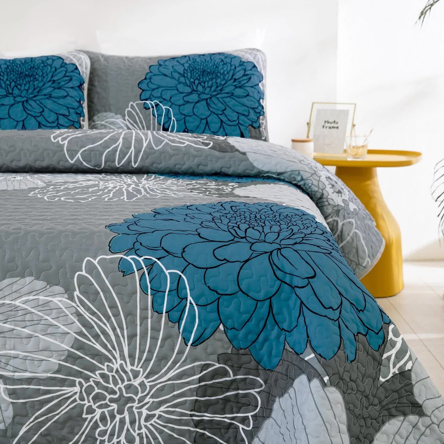 Grey Azure Bloom Quilted Coverlet Bedspread Set with Pillow Covers - Image 3