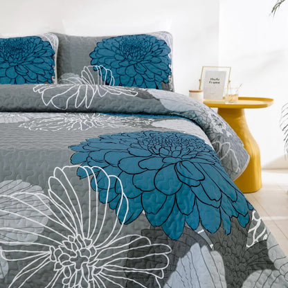 Grey Azure Bloom Quilted Coverlet Bedspread Set with Pillow Covers - Image 3
