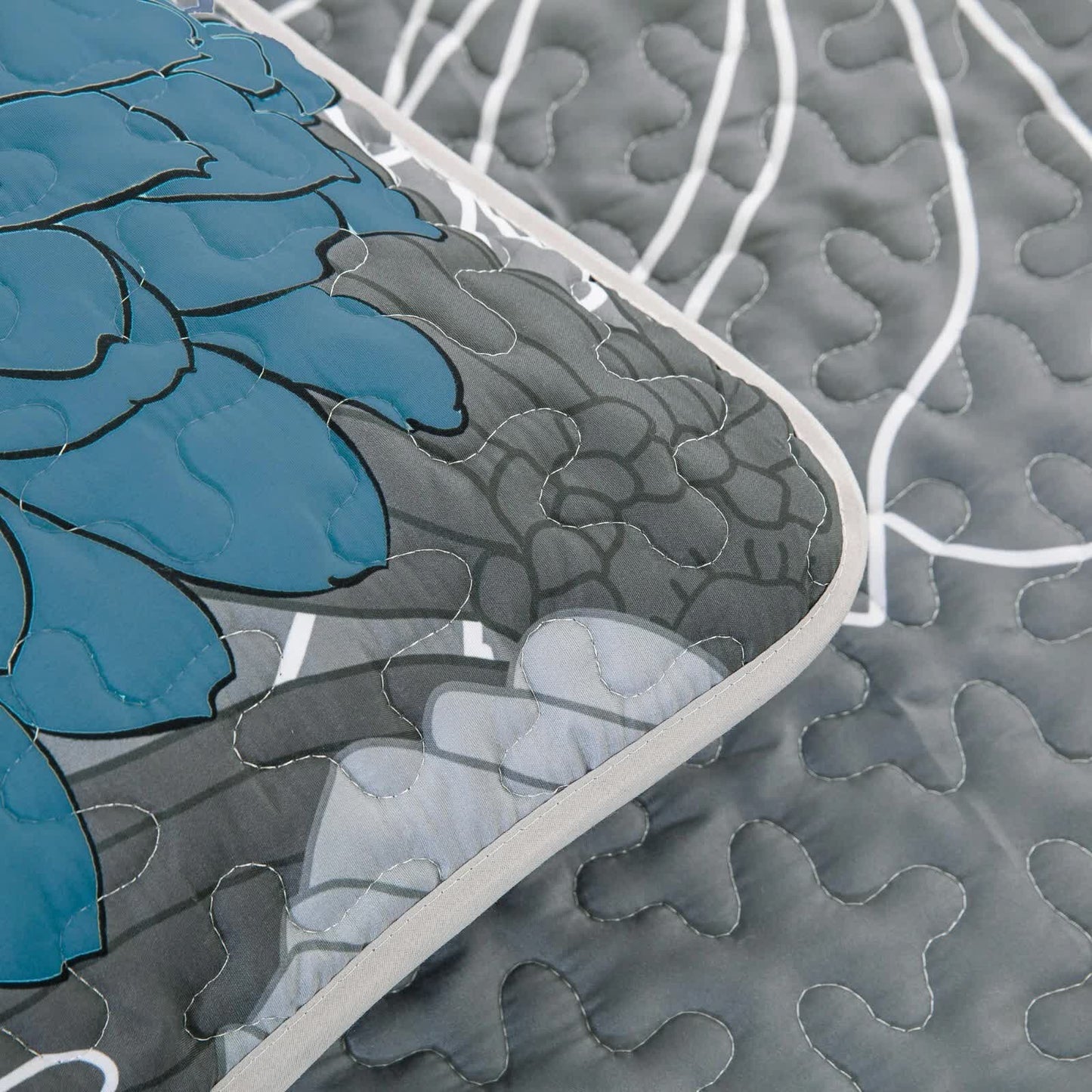 Grey Azure Bloom Quilted Coverlet Bedspread Set with Pillow Covers - Image 5