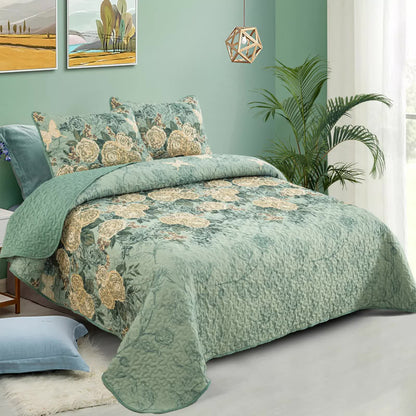 Meadow Butterfly Green Quilted Bedspread Set with Floral Details and Pillowcases - Image 2