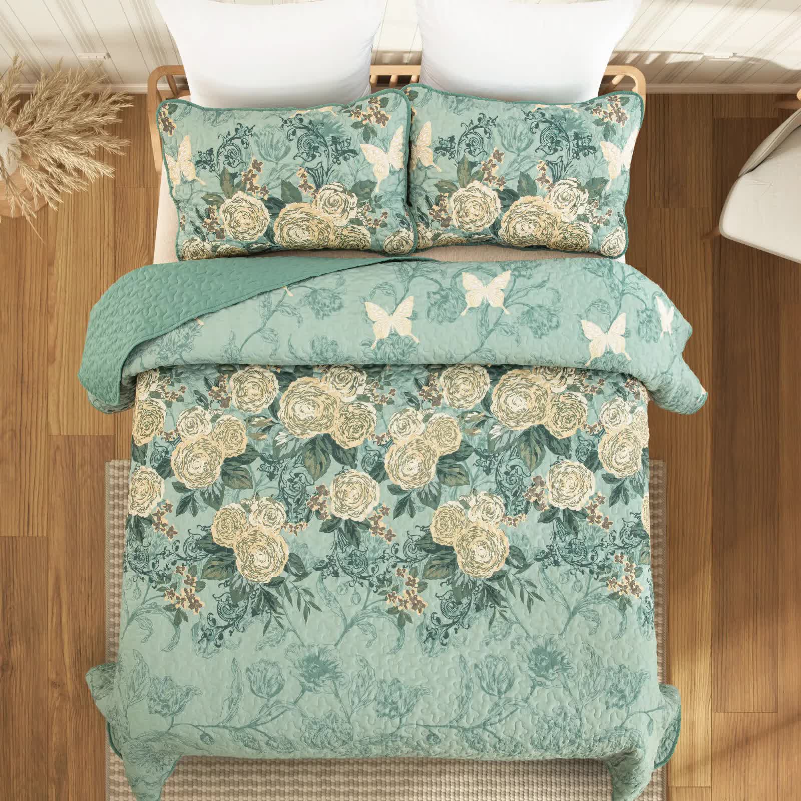Meadow Butterfly Green Quilted Bedspread Set with Floral Details and Pillowcases - Image 3