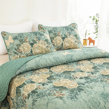 Meadow Butterfly Green Quilted Bedspread Set with Floral Details and Pillowcases - Image 4