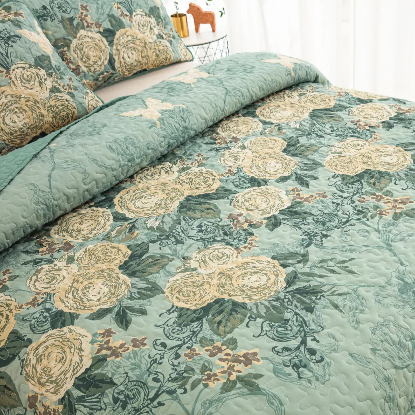 Meadow Butterfly Green Quilted Bedspread Set with Floral Details and Pillowcases - Image 5