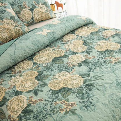 Meadow Butterfly Green Quilted Bedspread Set with Floral Details and Pillowcases - Image 5