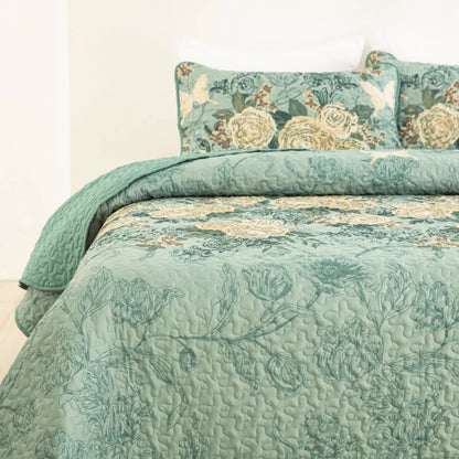 Meadow Butterfly Green Quilted Bedspread Set with Floral Details and Pillowcases - Image 6