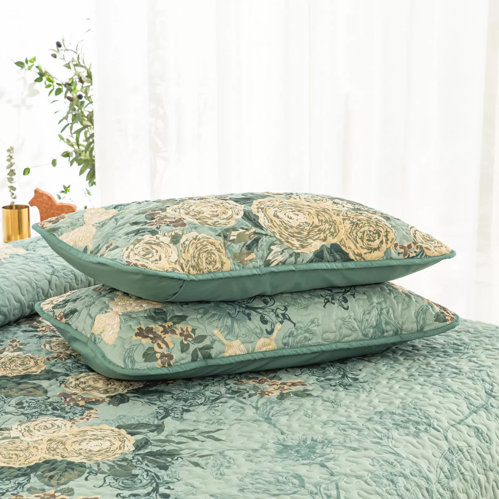 Meadow Butterfly Green Quilted Bedspread Set with Floral Details and Pillowcases - Image 7