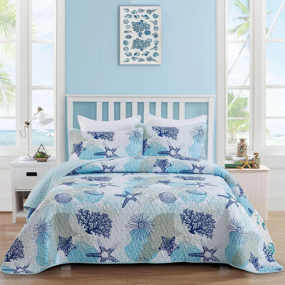 Light Blue Coastal Seashell Bedspread Coverlet 3 Piece Set